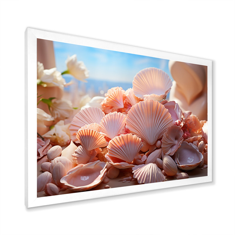 Coquillages romantiques sur toile, H 24 po x l 32 po x P 1 po, Cadre simple blanc