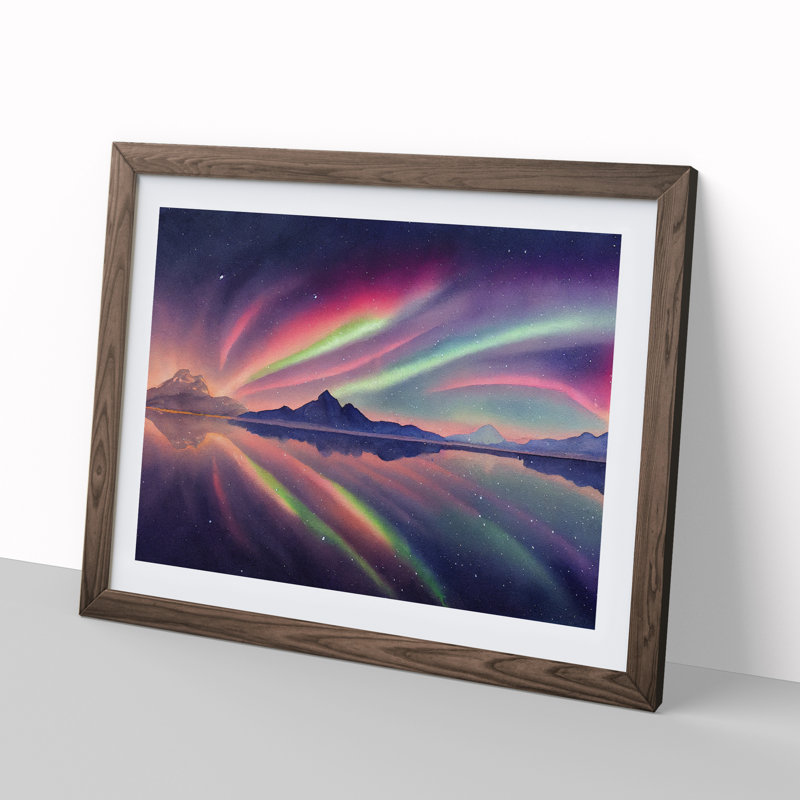 XH1022-9739X Watercolour Aurora Borealis Vol.1 - Single Picture Frame Painting, Walnut Framed, 46cm H x 64cm W x 2cm D
