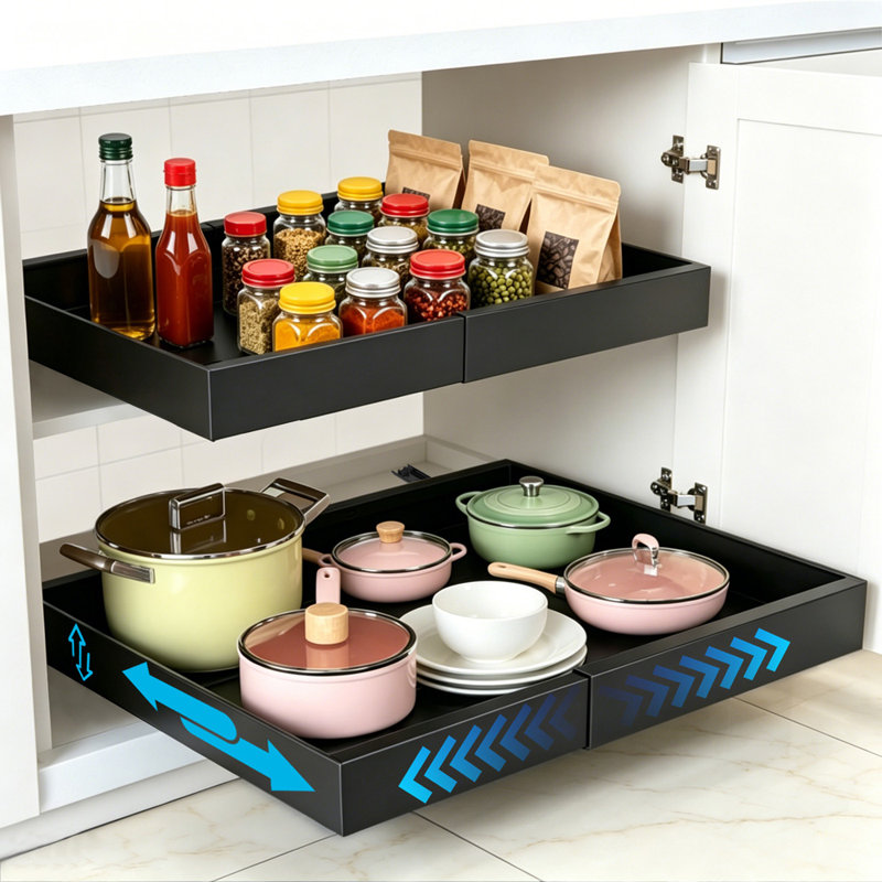 Organisateur d'armoire escamotable, extensible (Pull to Widen), tiroir coulissant robuste avec ruban adhésif, pour armoires de cuisine