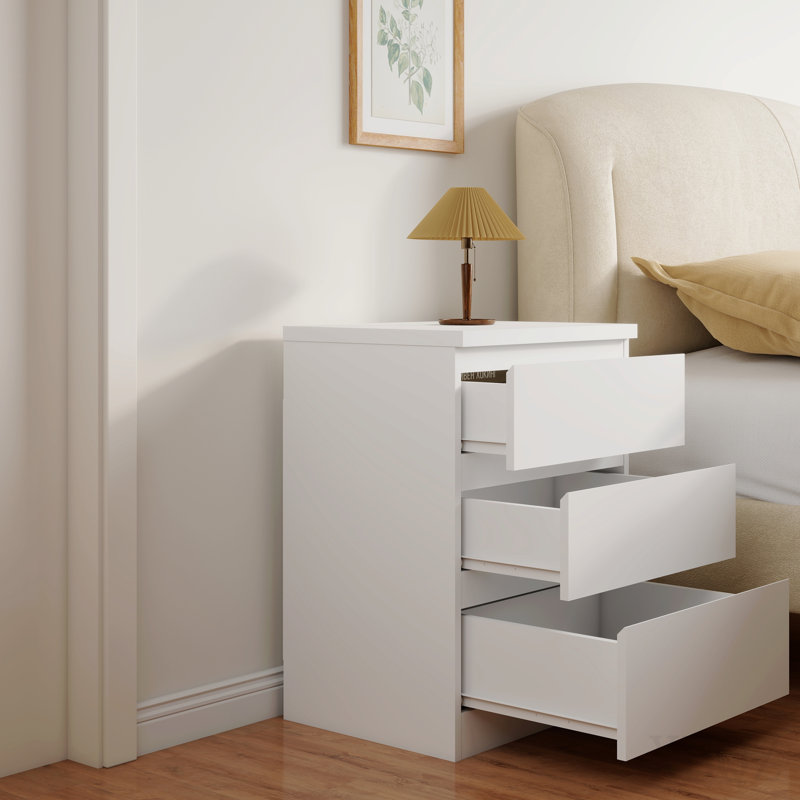 Table de chevet blanche 19,7 pouces avec 3 tiroirs, table d'appoint avec poignées sans poignée, plateau supérieur épaissi, petite table de chevet avec 3 tiroirs pour la chambre à coucher et le salon