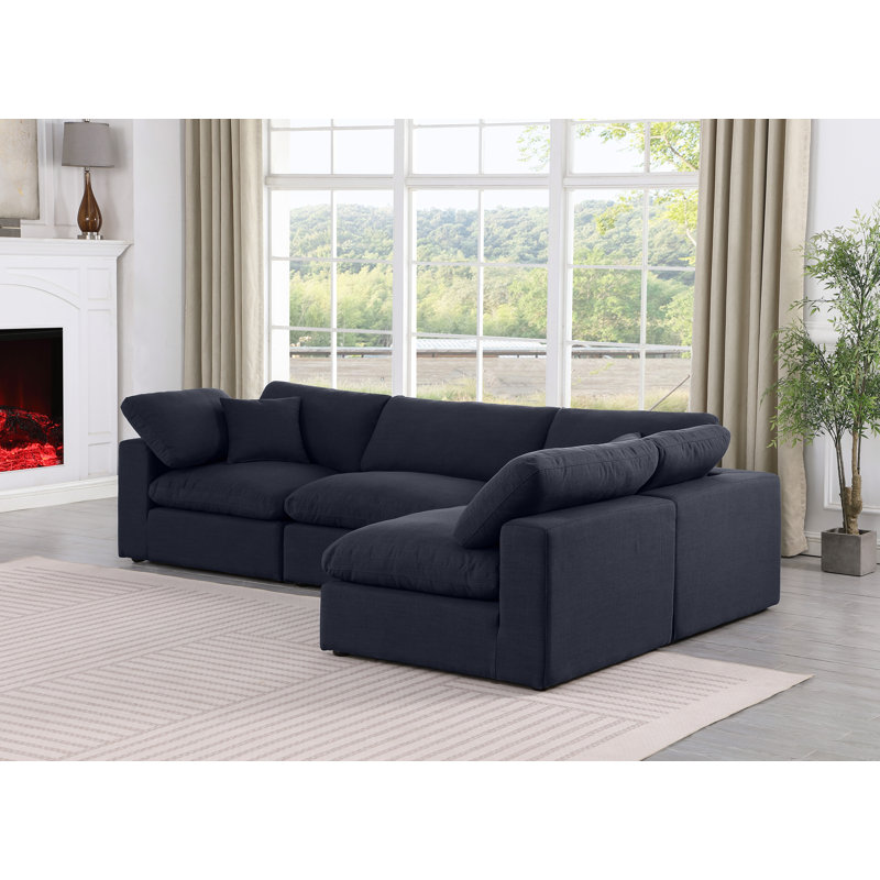 Canapé modulaire 4 pièces rembourré, Tissu texturé en lin noir