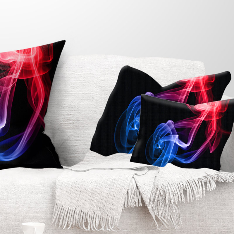 Fumée flottante bleue et rouge sur fond noir - coussin imprimé abstrait