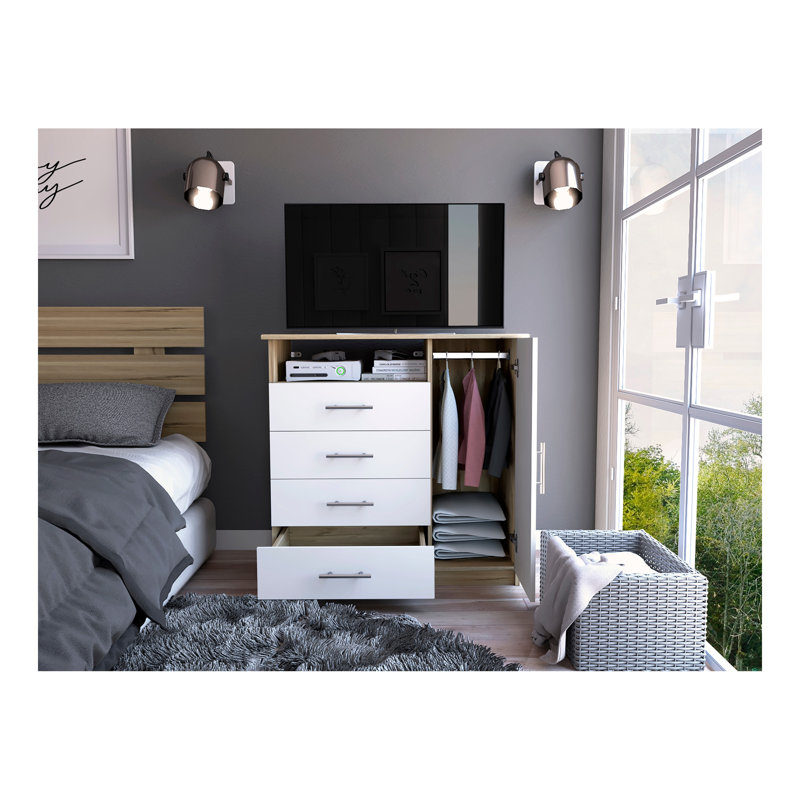 Commode 4 tiroirs, 1 porte ouverte, 1 tablette ouverte et plateau supérieur Pérou - Blanc