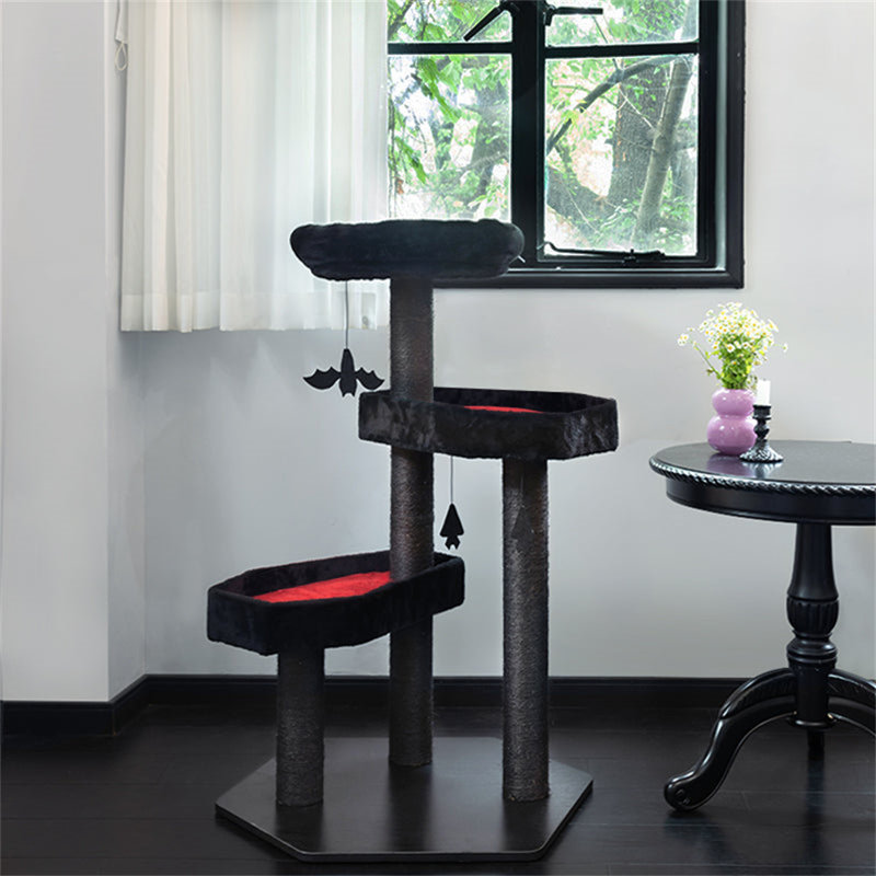 40.9" Gothic Cat Tree With Coffin Bed, With Soft Cushion, Halloween Spooky Cat Condo With Sisal Scratching Posts, Red