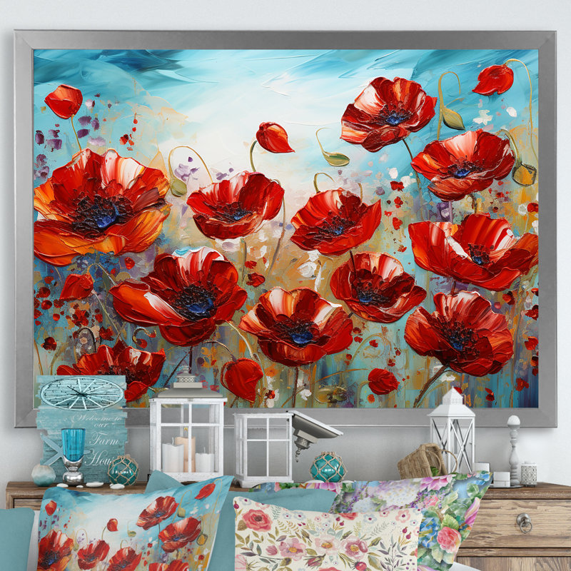 Coquelicots rouges en fleurs sur toile, Cadre simple argenté, H 34 po x l 44 po x P 1,5 po