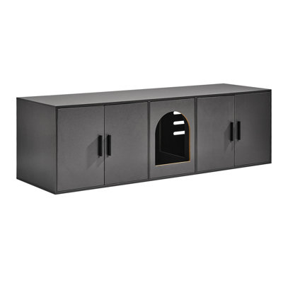 Meuble de litière pour 2 chats, 147 cm (L) x 46,5 cm (l) x 45,5 cm (H), avec double compartiment, en bois, compatible avec la plupart des bacs à litière, noir.