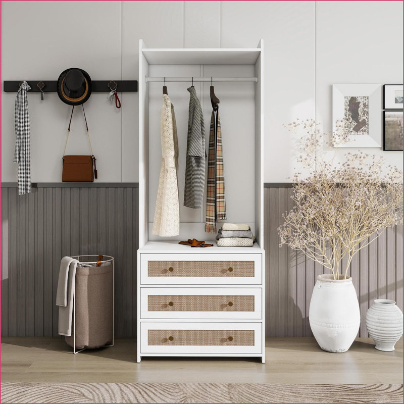 Commodes et amp; Garde-robes | Armoire minimaliste à 3 tiroirs avec rotin Minimalist Tige suspendue | Panneau de particules et panneau de fibres à densité moyenne | Blanc