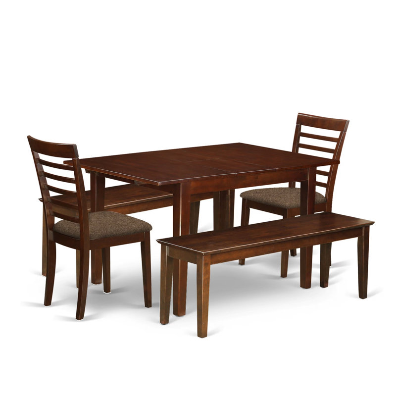 L'ensemble de 5 tables de cuisine pour 4 personnes comprend une table de salle à manger rectangulaire avec rallonge papillon et 4 chaises rembourrées en tissu de lin, 36 x 54 pouces, acajou