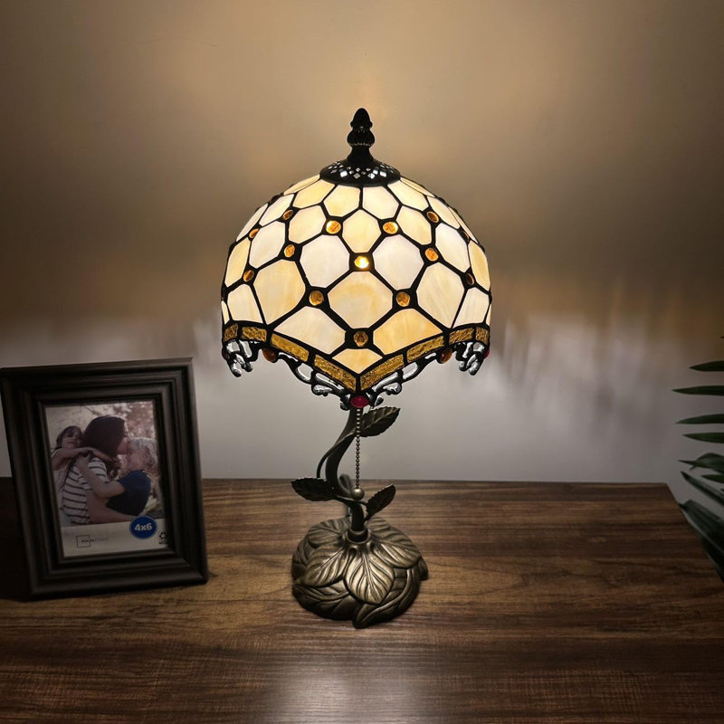 Beige Stained Glass Table Lamp with Bronze Resin Base