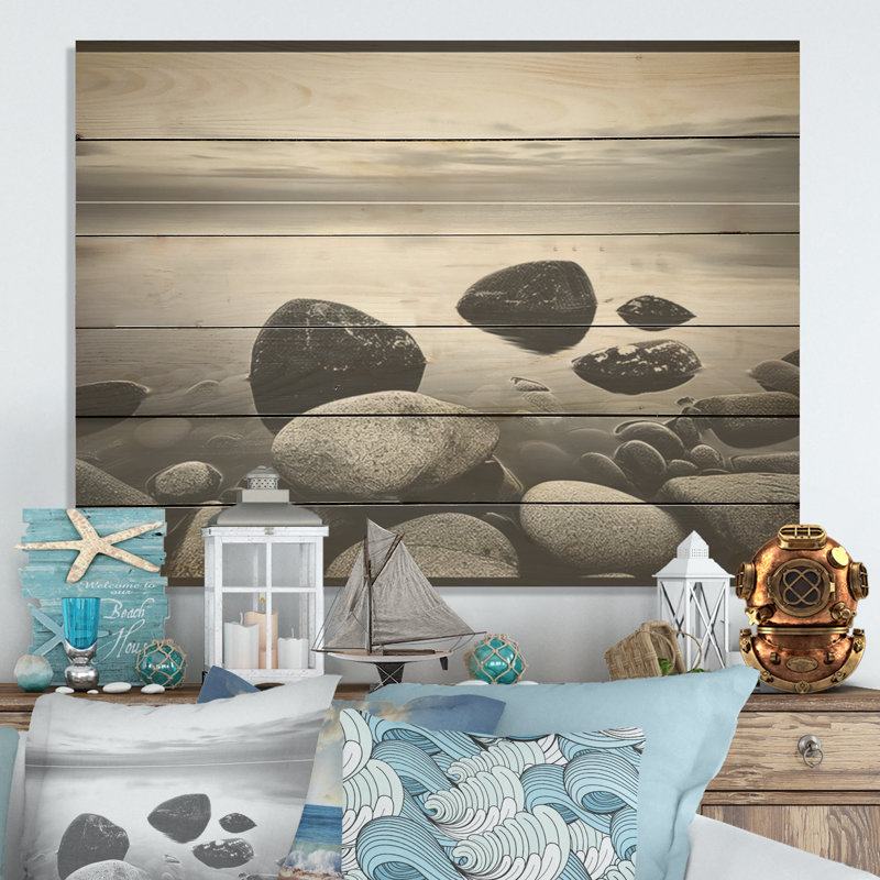 Black And White Rocky Beach Horizon - Coastal Minimalism Wood Wall Art On Natural Pine Wood, 24" H x 32" W