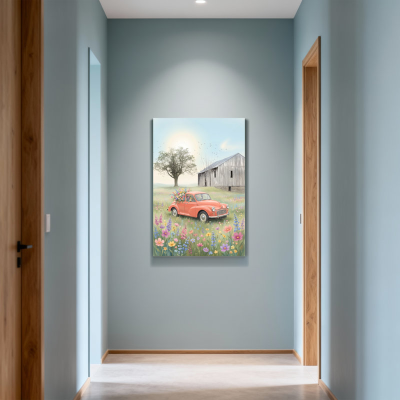 Plantes et fleurs, voiture rétro dans un champ de fleurs avec grange, H 24 po x l 16 po