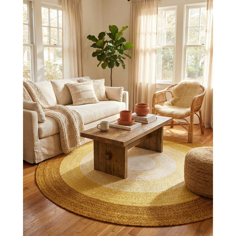  Ombre Hand Braided Wool Rug, Yellow, Round 3'1"