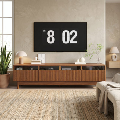 Meuble télé 78 po pour salon - Meuble audio-vidéo moderne avec tiroirs en verre cannelé, finition noyer