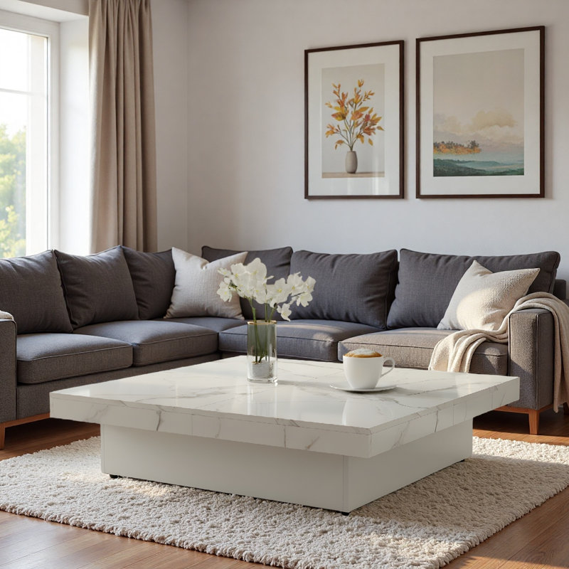 Table basse carrée en placage avec plateau coulissant et grand espace de rangement