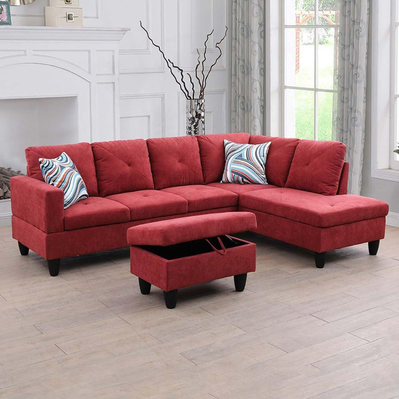 3-Piece Flannel Sectional Sofa, White Fabric, Right Hand Facing