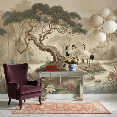 Papier peint Misty Landscape Cranes Pond