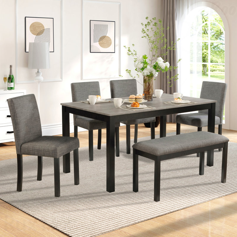 Ensemble de salle à manger moderne 6 pièces: table en bois et 4 chaises + banc, gris clair et noir deux tons