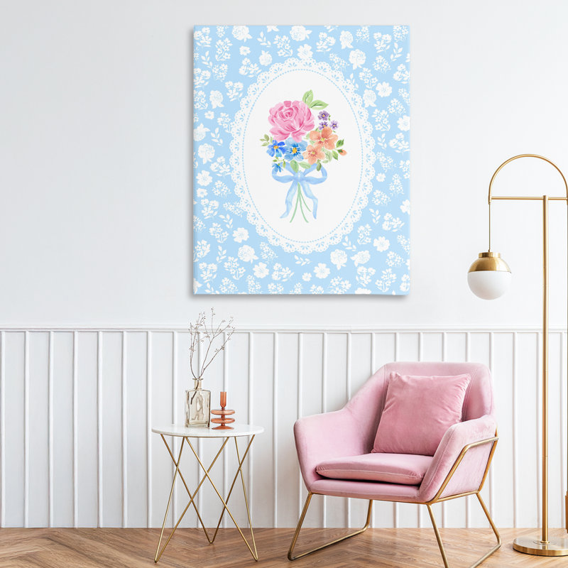 Toile bleue avec bouquet féminin, design par Corinne Haig, H 30 po x l 24 po