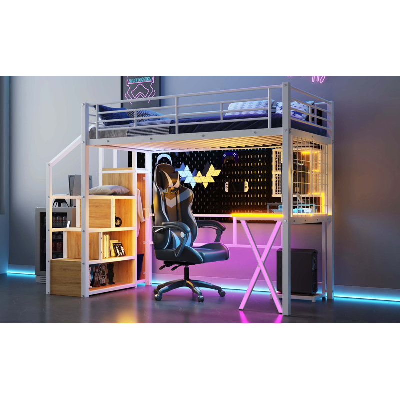 Lit mezzanine simple en métal avec poste de travail intégré, garde-robe, escalier de rangement et lumières DEL, blanc