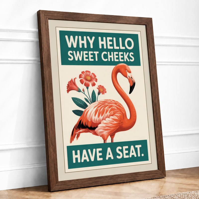 Flamingo Welcome Retro - Framed Print, A2 - 59.4 x 42.0 cm, Walnut