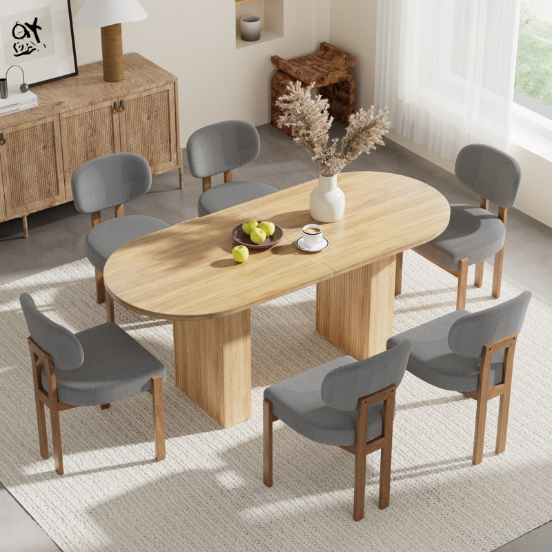 Oval Double Pedestal Kitchen Table Sets, 7 Pieces: Table, 6 Chairs, Gray, Natural