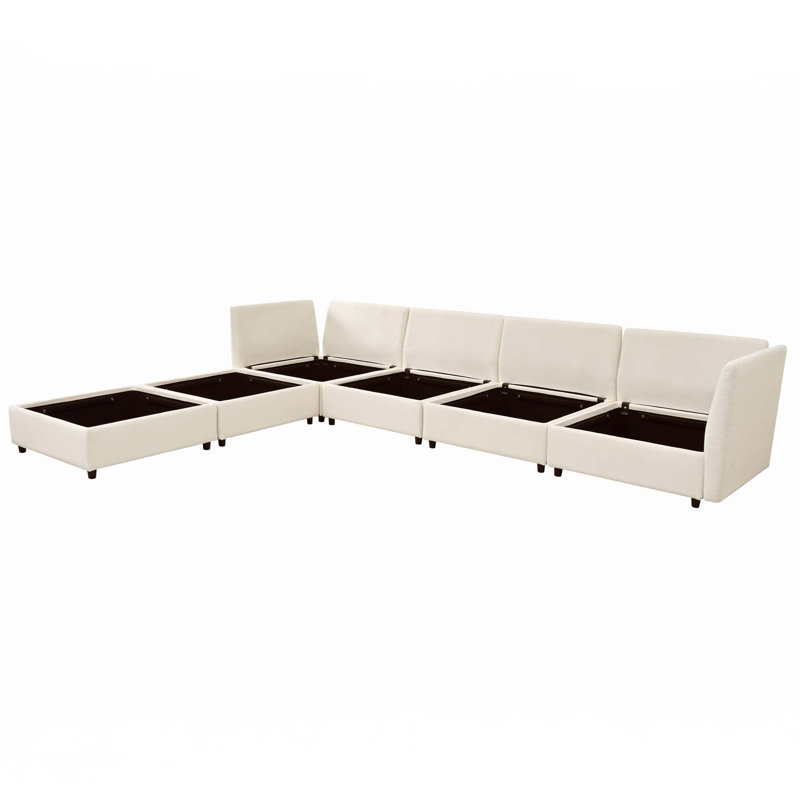 6-Piece Modular Sofa Bed With Storage, Beige Polyester
