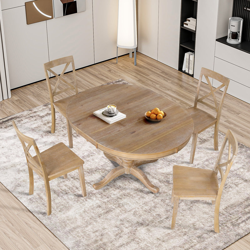 Kawliga 5-Piece Dining Table Set, Two-Size Round To Oval Extendable Wood Dining Table and 4 Upholstered Dining Chairs