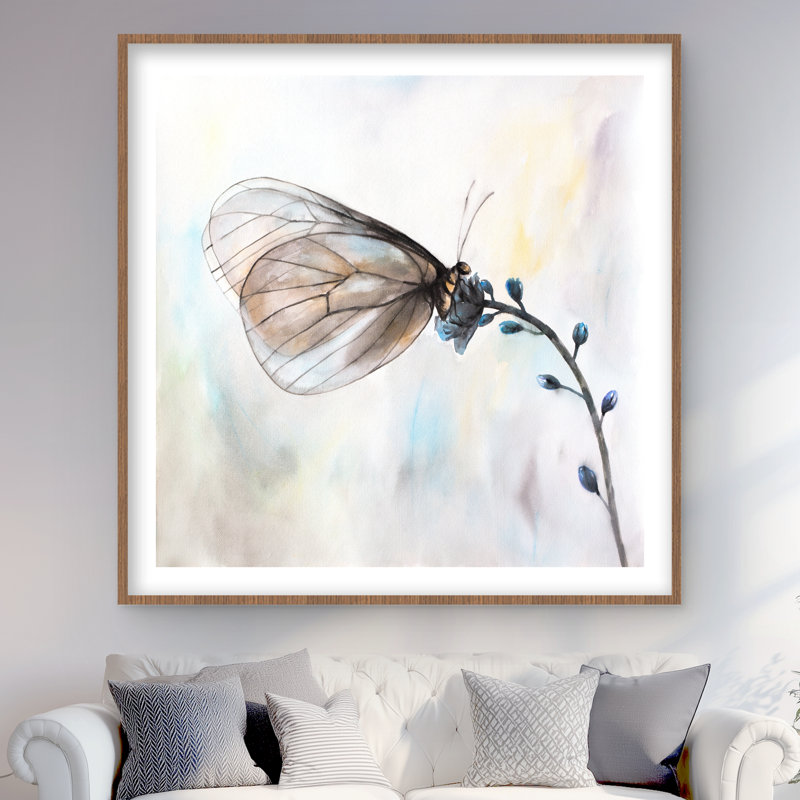Papillon sur fleurs bleues - reproduction romantique encadrée pour la décoration