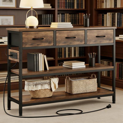 Entryway Console Table With Charging Station, 3 Fabric Drawers, And Adjustable Height - Multi-Functional Sofa Table For Living Room, Hallway, Or Foyer