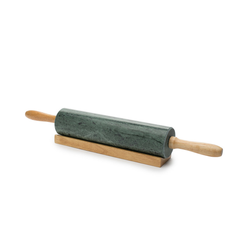 Green Marble Rolling Pin with Wooden Handles and Base