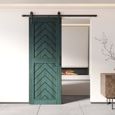 Homacer Royal Pine 40 in. x 80 in. Finished & Unassembled 4-IN-1 Fishbone Design Barn Door with Non-Bypass Installation Hardware Kit, 7ft track, interior use only