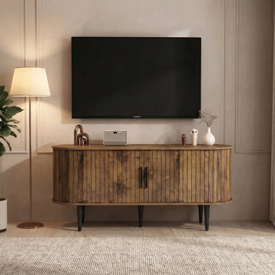 Meuble télé 47 po avec portes coulissantes cannelées, console multimédia de style Mid-Century avec armoire de rangement cachée