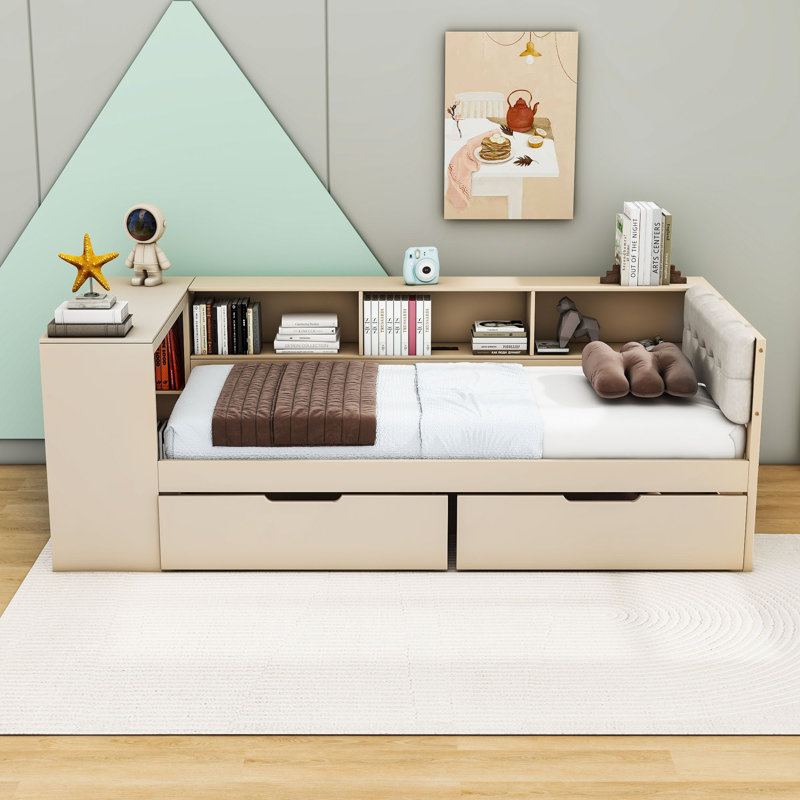 Lit en bois à deux tiroirs Northup avec station de charge et tablettes, Simple, Crème, crème
