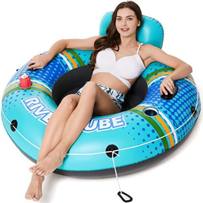 Inflatable River Tube Float - Heavy Duty River Float Pool Floats Lake Premium Water Tubes For Floating Recreational River Raft Lounge Floaties With 2 Cup Holders For Adult