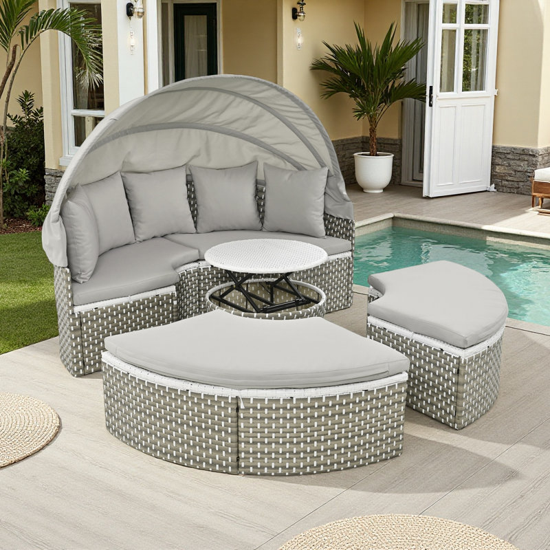 Ensemble de canapé modulaire d'extérieur rond en rotin à deux tons avec auvent rétractable, siège séparé et coussin amovible
