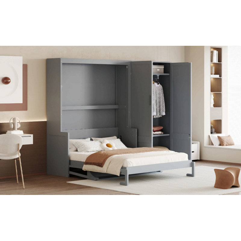 Grand lit escamotable mural avec placard, Gris