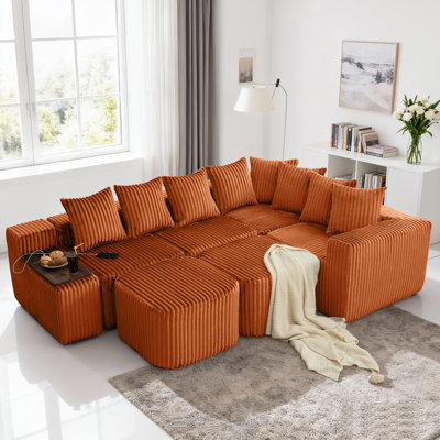 Canapé modulaire en U de 137,5 po avec chargement sans fil, repose-pieds mobiles et console intelligente, canapé modulaire en velours côtelé 8-en-1, aucun assemblage requis