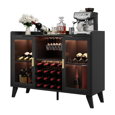 Farmhouse Wine Bar Cabinet with Led Lights, Home Coffee Bar Cabinet with Wine Racks and Glass Holders, Modern Buffet Sideboard with Acrylic Doors and
