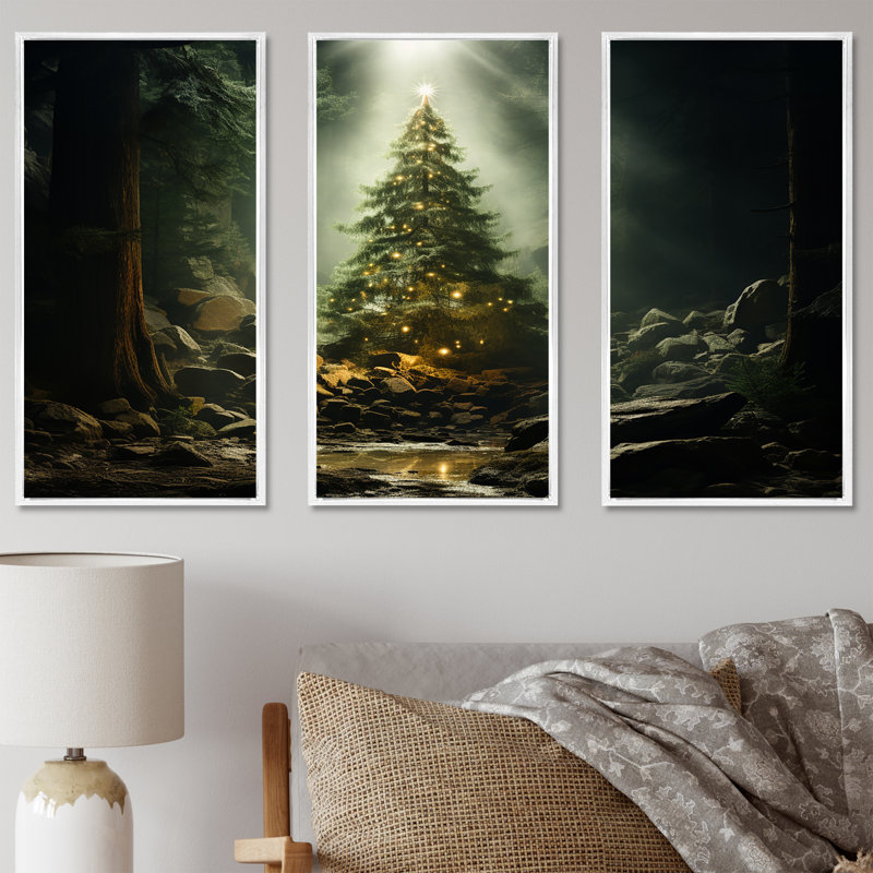 «Green Magical Christmas Tree - Winter Landscape», art mural, Cadre flottant blanc, H 32 po x l 48 po x P 1 po