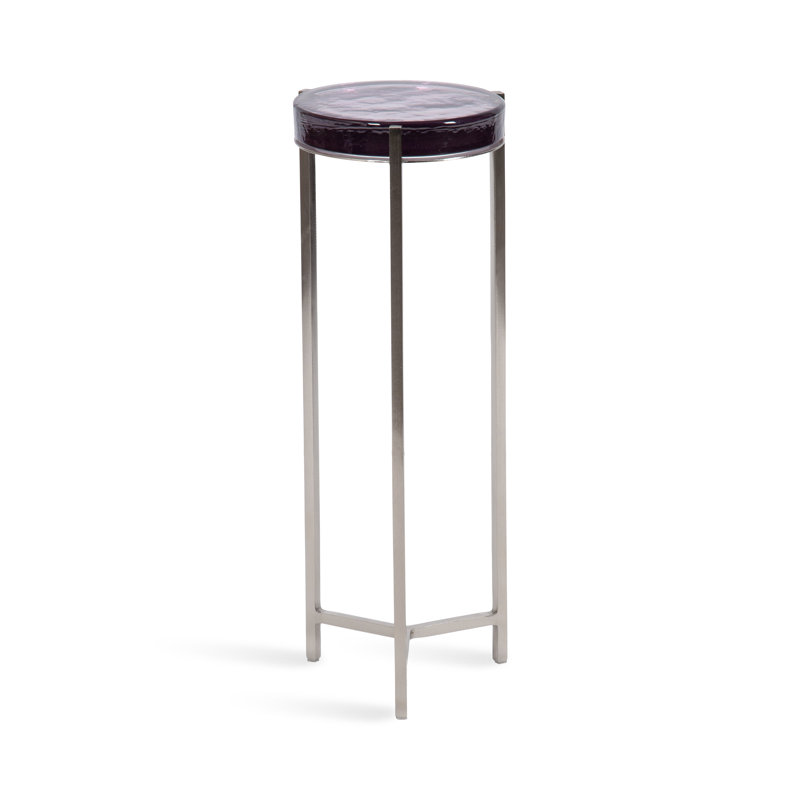 Eveland Round Metal Drink Table, Silver, Purple Glass