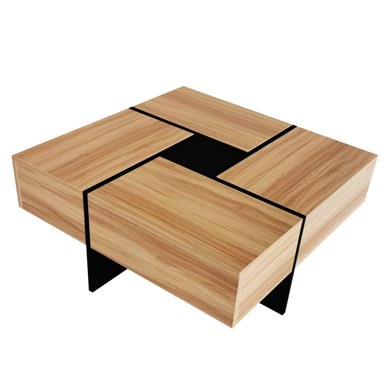 Table carrée carrée avec rangement caché et plateau coulissant extensible, panneau de particules brun central, Brun