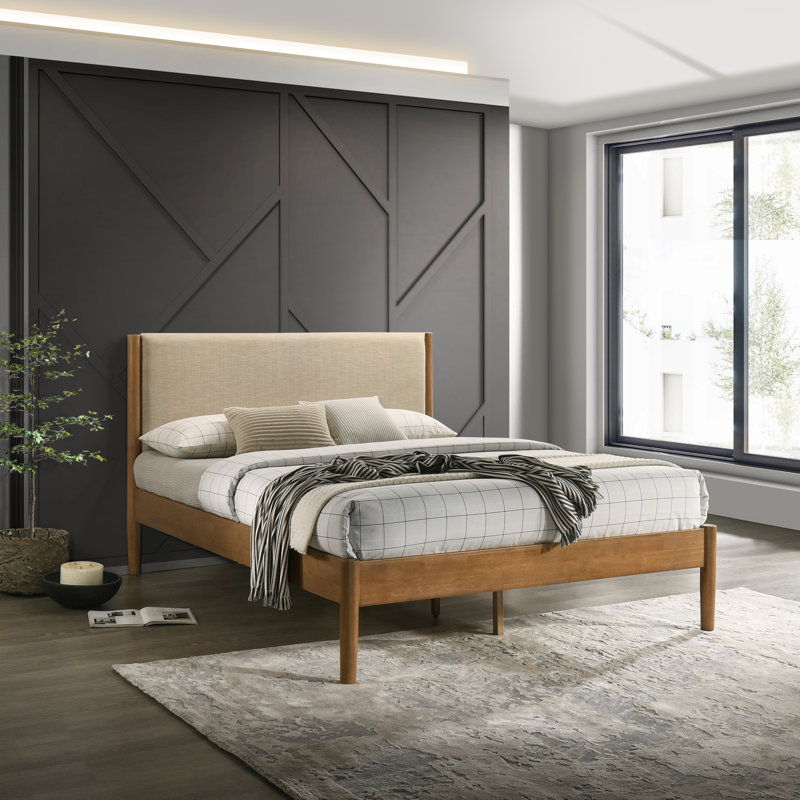 Lit plateforme en bois d'hévéa grand noyer clair