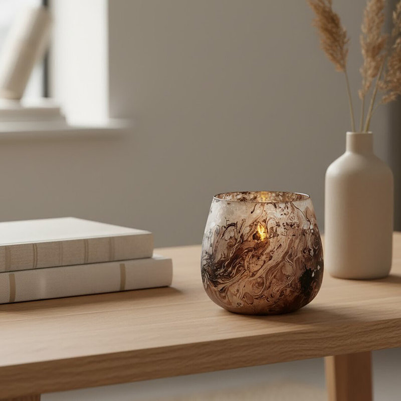 Marble Tabletop Tealight Holder, Brown, 13cm H x 12cm W x 12cm D
