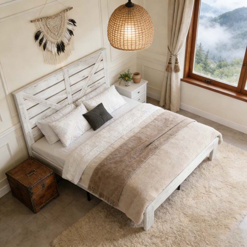 Tête de lit grand, cadre de lit plateforme en bois, Blanc, Grand lit