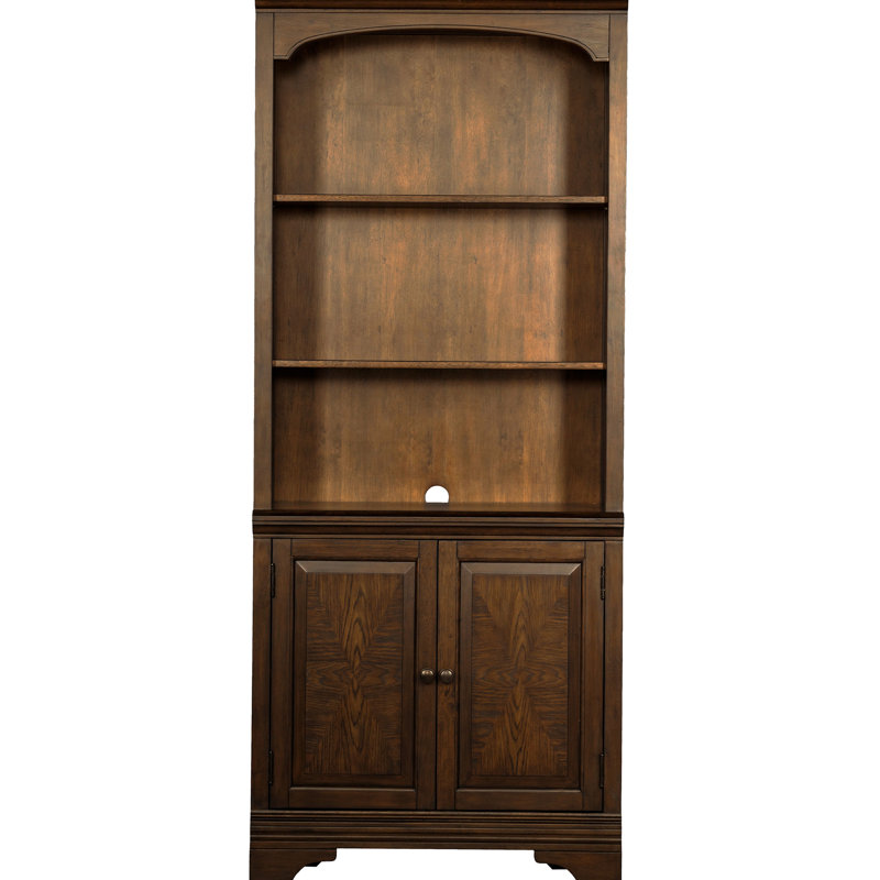 Bibliothèque en chêne bruni, armoire à deux portes, cinq tablettes avec trois réglables, gestion des câbles pour dissimuler les fils, aspect de bibliothèque en bois d'ingénierie, caractéristique, horizontal, tablettes pour câbles