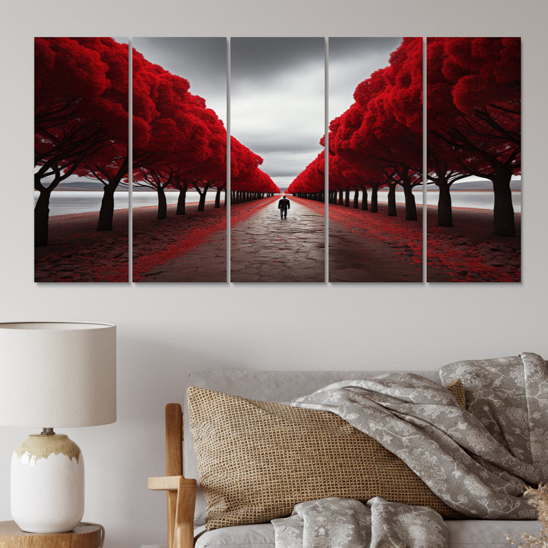 " Red And Grey Tree Solitude II " 5 - Pieces