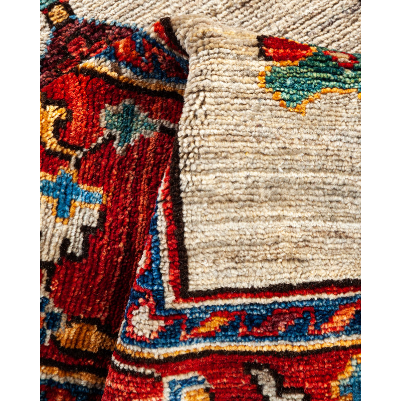 Tapis de couloir unique en laine noué à la main ivoire / rouge / bleu New Age 2 pi 6 po x 10 pi Jowan