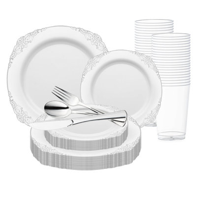 Ensemble de 120 assiettes jetables rondes blanches et argentées en plastique, idéales pour un mariage.