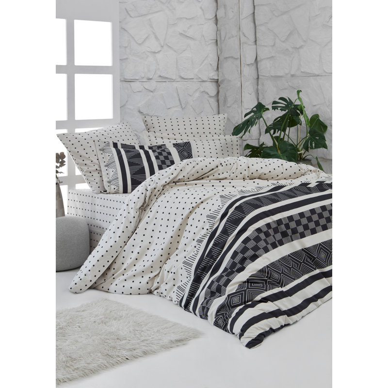 Ensemble de housse de courtepointe de qualité supérieure, 100% coton Ranforce, crème et noir | Comprend 1 housse de couette (94,5 x 86,6 po) et 2 taies d'oreiller (23,6 x 23,6 po) | 145 fils, lavable à la machine, impression de pigments élégante, é