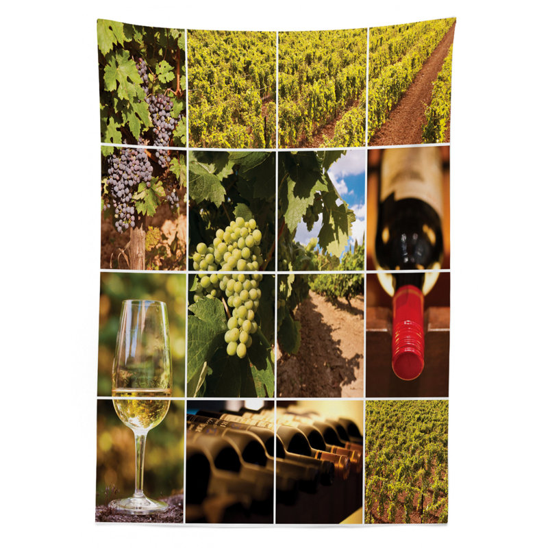 Vineyard Tablecloth, Vineyard Landscapes Purple Grapes French Bottle Glass Rustic Cellar Couples, Rectangular Table Cover For Dining Room Kitchen Decor, 52" X 70", Green Red Brown